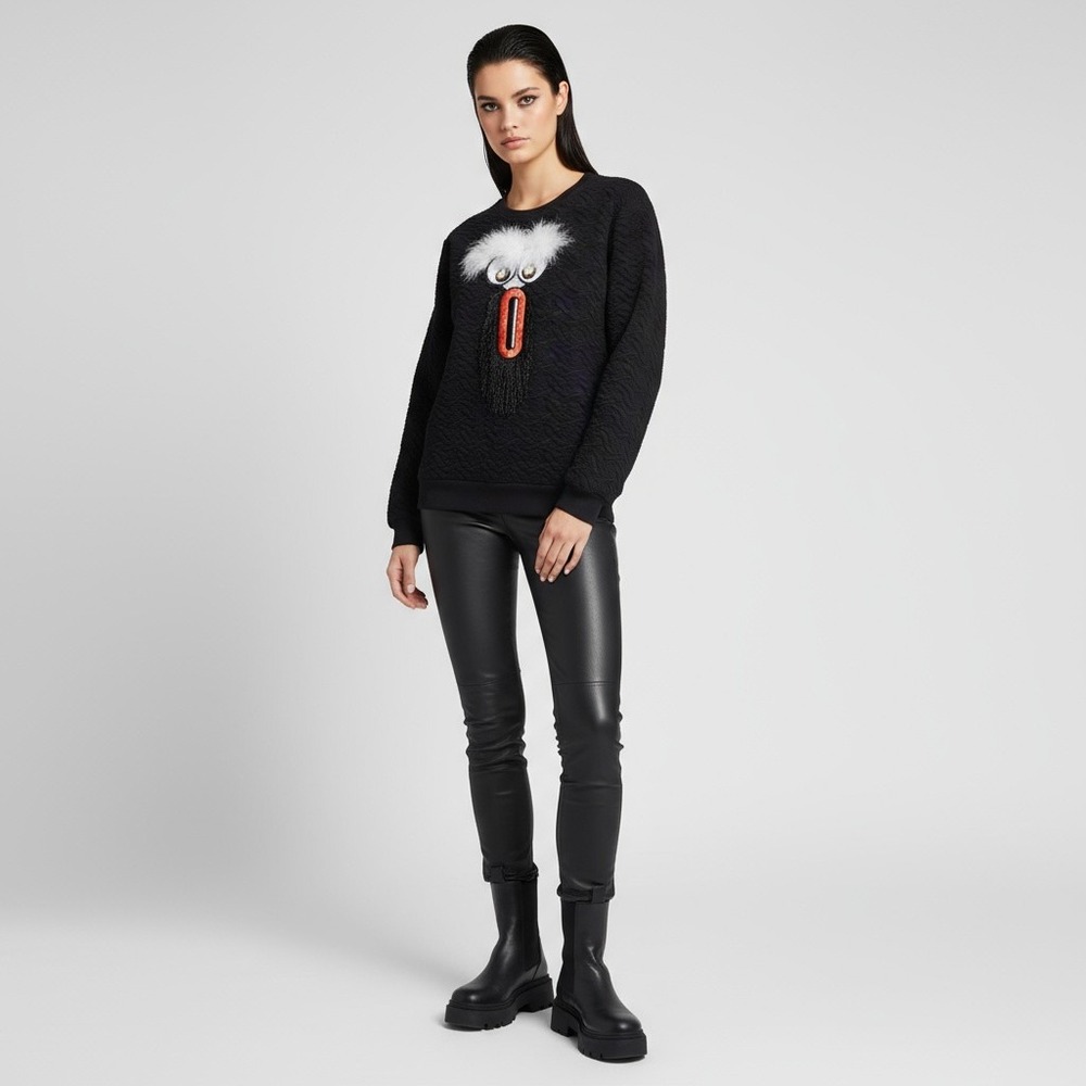 Love Moschino Sweatshirt Quilted Embellished Face Womens Itailian Sz 42/ US 8 Sm